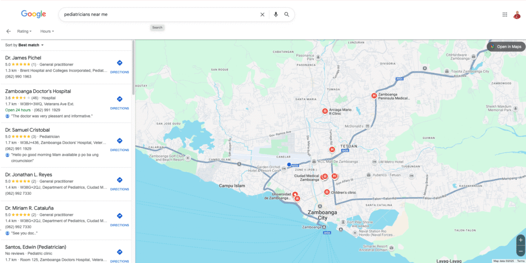 Mock search results showing a clinic at the top.
